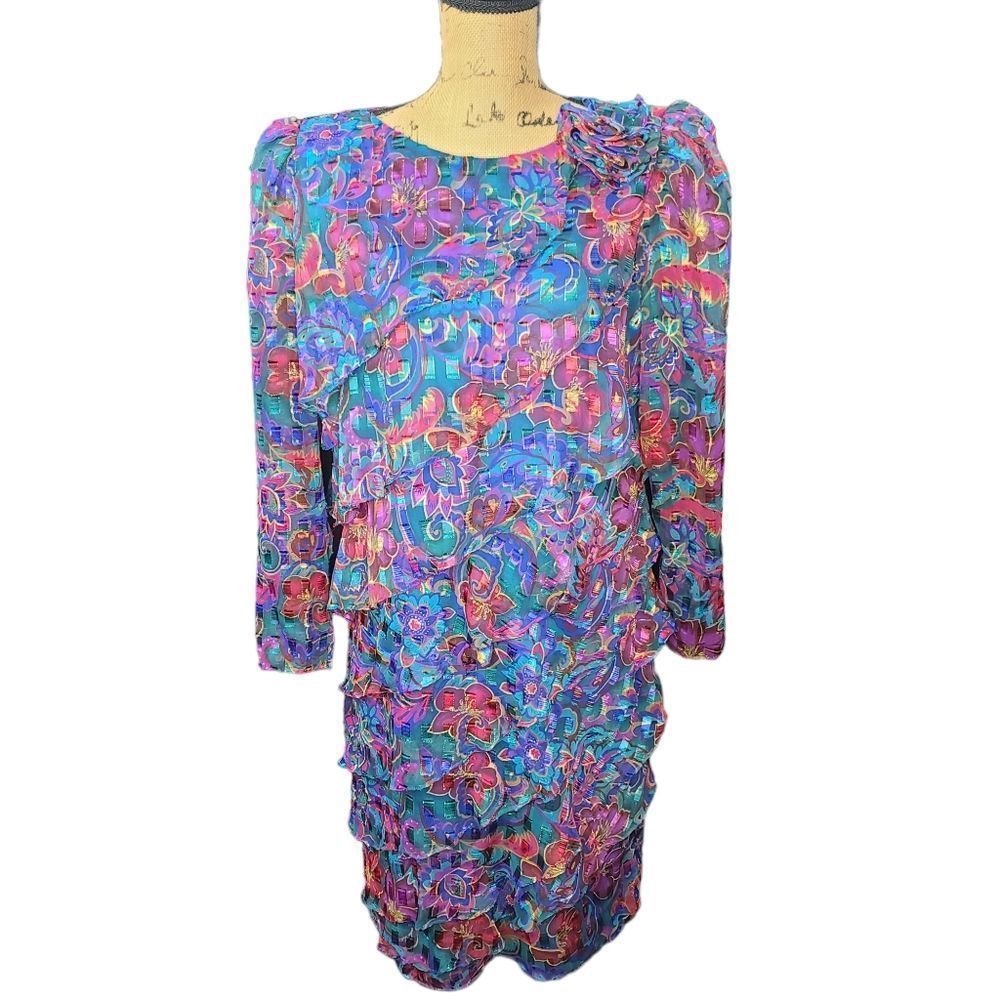 $20 Vintage 80s Colorful Floral Botanical Ruffled Party Dress